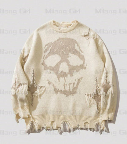 Skull Pattern Personality Street Ripped Pullover Sweaters