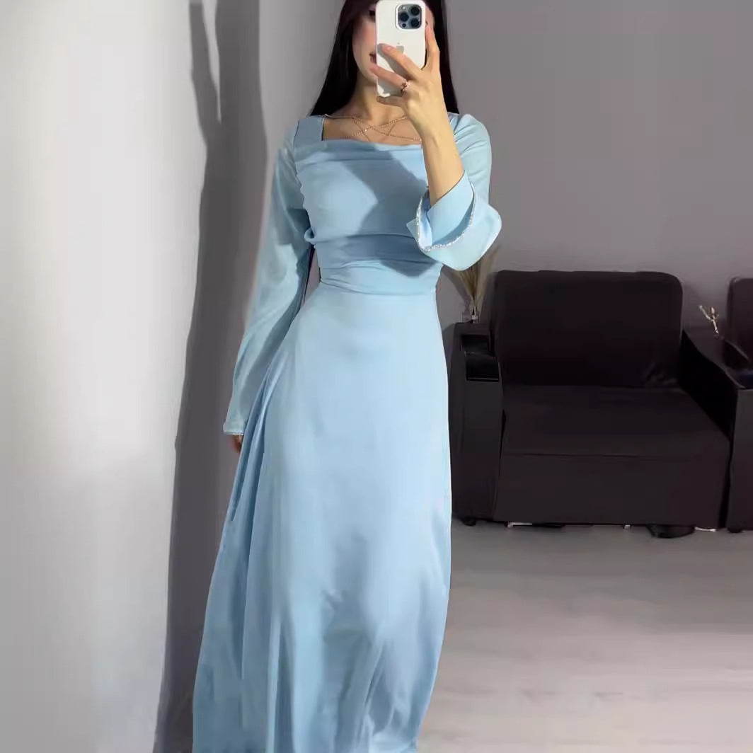 Spring Diamond Studded Hand Ribbon Design Long Sleeve Satin Dresses