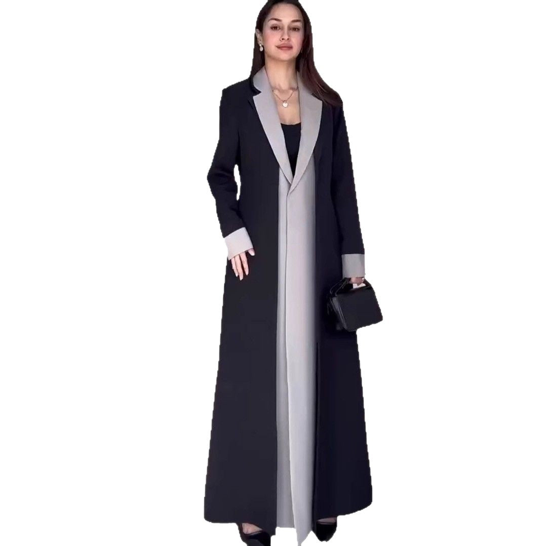 Women's Long Collar Stitching Contrast Color Trench Coats