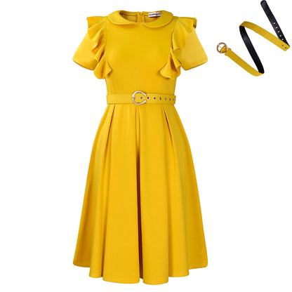 Women's Short-sleeved Doll Collar Solid Color Ruffled High Dresses