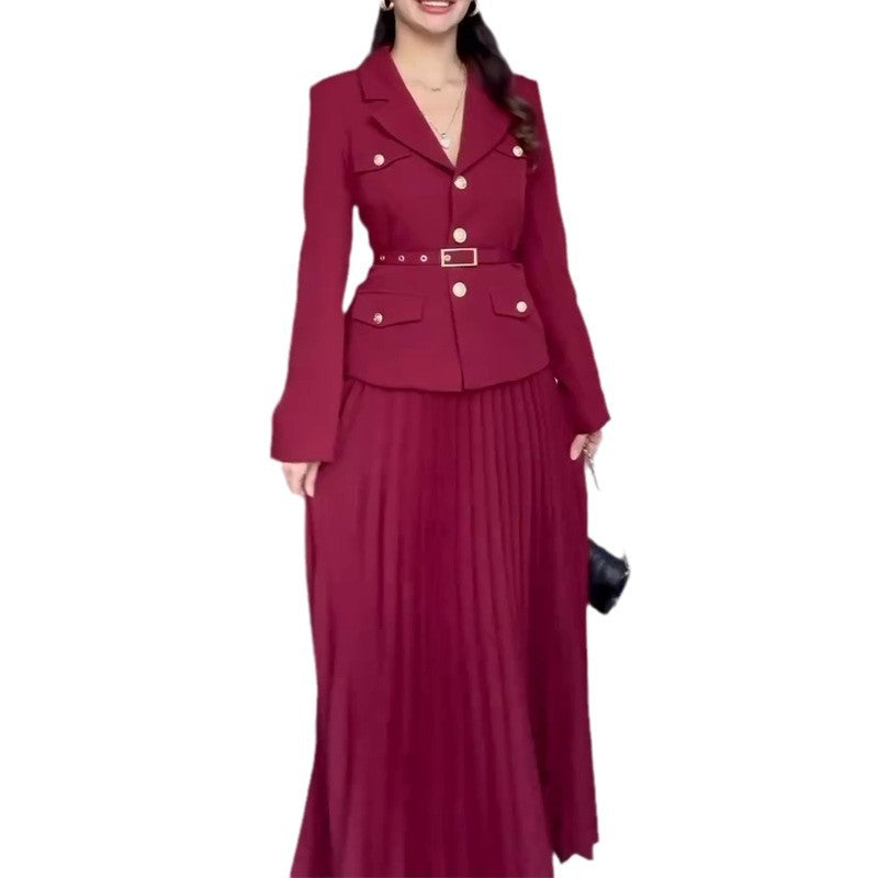 Spring Solid Color Elegant Lapel Pleated Skirts