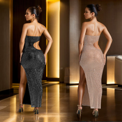Women's Fashion Wear Rhinestone Split Dress Long Dresses