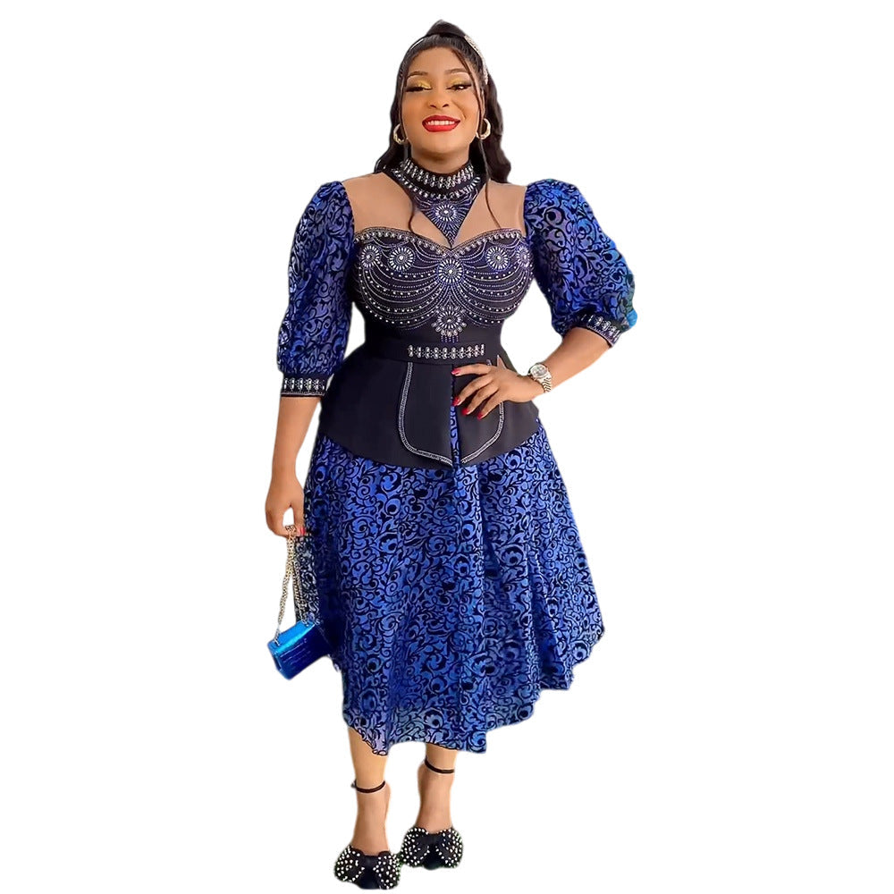 Women's African Rhinestone Bubble Beads Drawstring Lace Dresses
