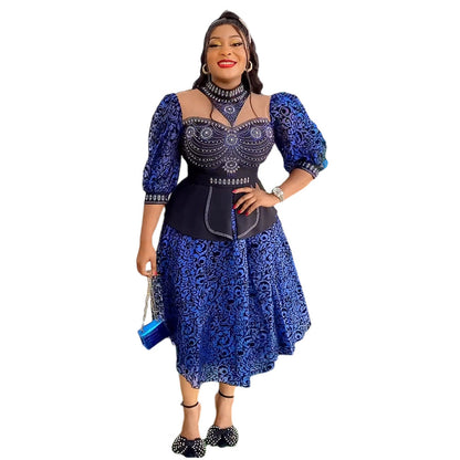 Women's African Rhinestone Bubble Beads Drawstring Lace Dresses