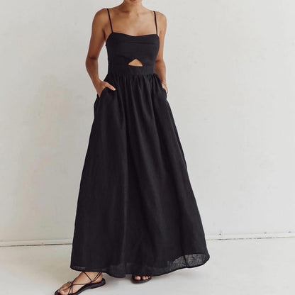 Women's Black Breathable Sling High Waist French Dress Fashion Vacation Dresses