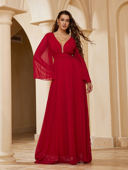 Women's Sexy Deep V Long-sleeved Dress Slim Wedding Dresses