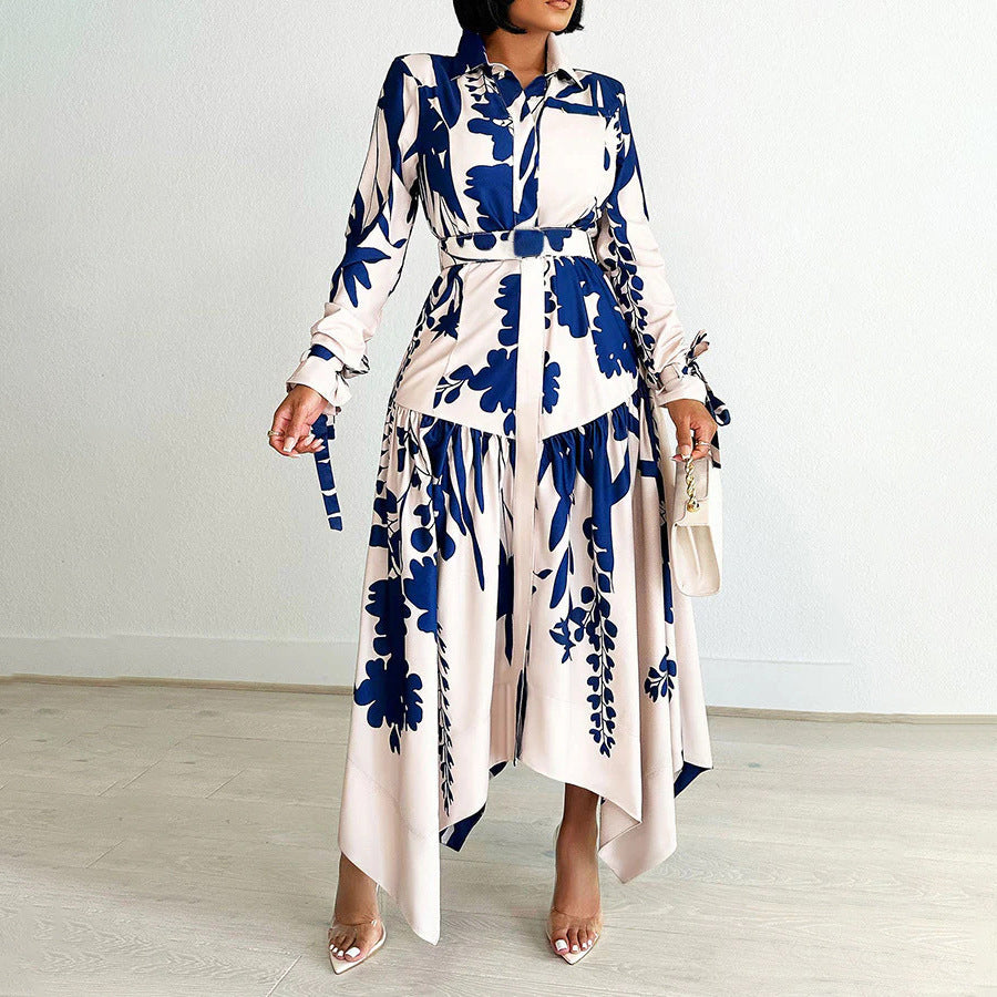 Women's Summer Fashion Temperament Printed Lapel Long Sleeve Skirts