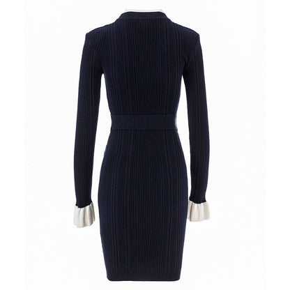 French Style Contrast Color Round Neck Knitted Dress Dresses