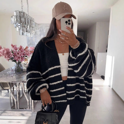 Women's Loose Contrast Color Striped Embroidery Knitted Sweaters