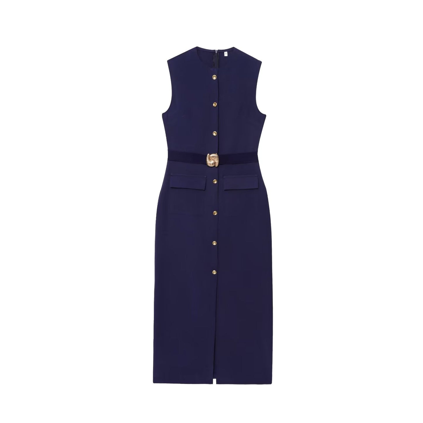 Women's Belt Sleeveless Round Neck Midi Dress Dresses
