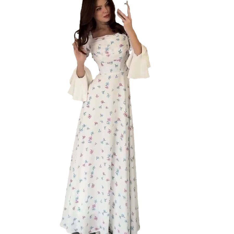 Women's Summer U-shaped Collar Printed Long Sleeve Flared Clothing