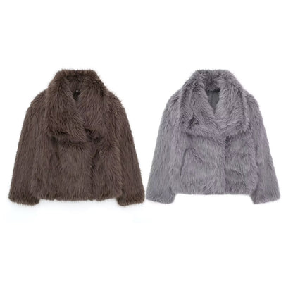 Women's Lapel Long Sleeve Faux Fur Snap Coats
