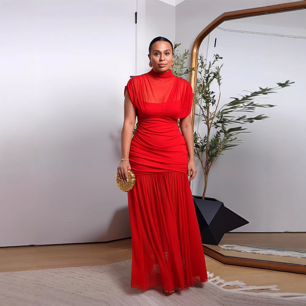 Women's Dress Elegant Half Turtleneck Mesh Stitching Dresses