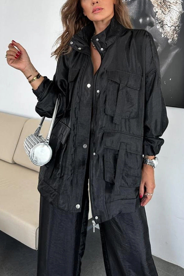 Women's Solid Color Fashion Long-sleeved Three-dimensional Pocket Coats