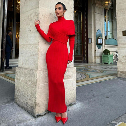 Women's High-grade Long-sleeved Red Cross Jacquard Bandage Dresses
