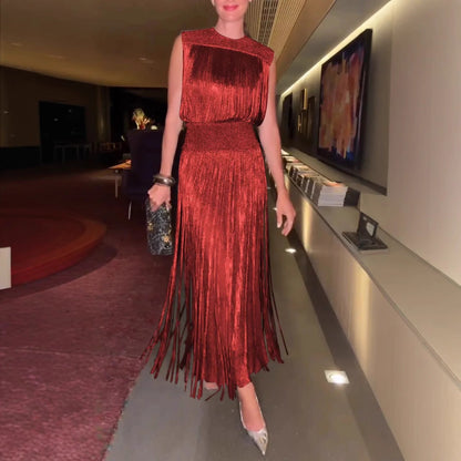 Elegant Tassel Dress Party Sleeveless Two-piece Suits