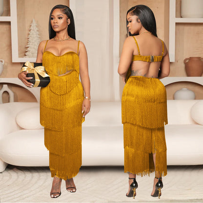 Women's Wear Sexy Strap Backless Tassel Long Dresses