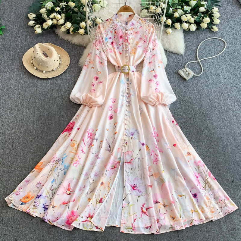 Women's Lantern Long Sleeve Single-breasted Printed Dress Dresses
