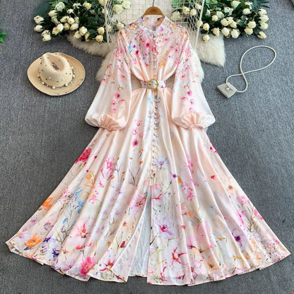 Women's Lantern Long Sleeve Single-breasted Printed Dress Dresses