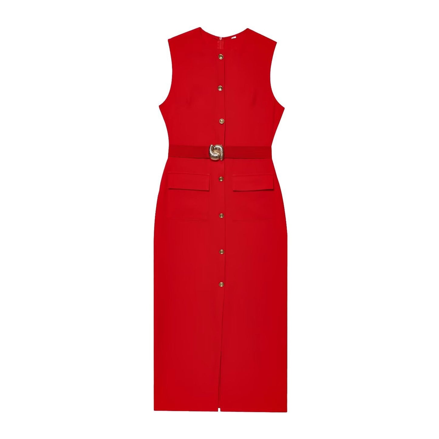 Women's Belt Sleeveless Round Neck Midi Dress Dresses