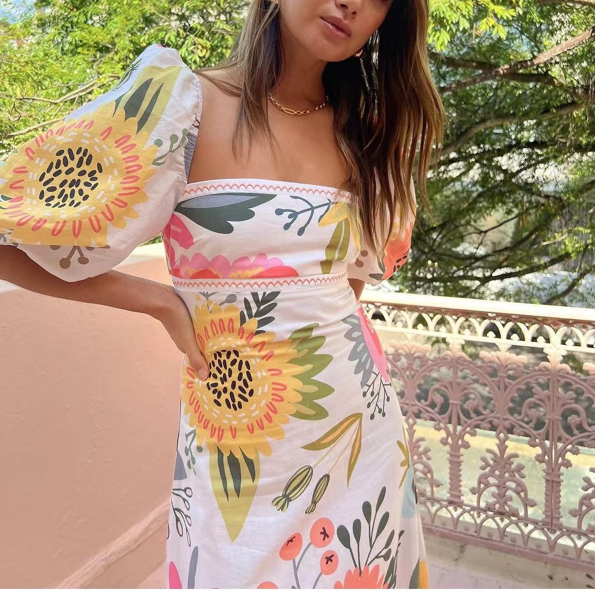 Printed Lantern Sleeve Large Swing Dress Dresses