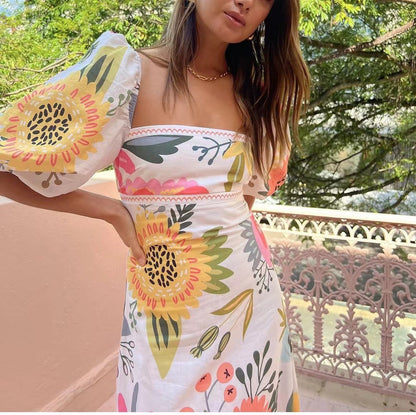 Printed Lantern Sleeve Large Swing Dress Dresses