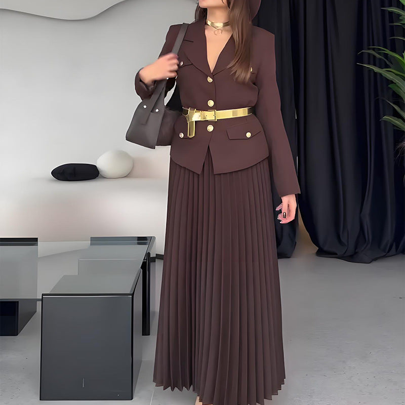 Spring Solid Color Elegant Lapel Pleated Skirts