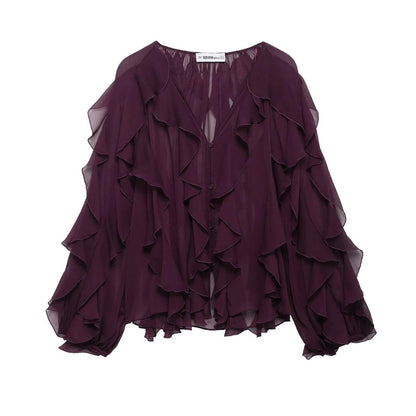 Women's Ruffled Shirt Long Sleeve Black Apricot Solid Blouses