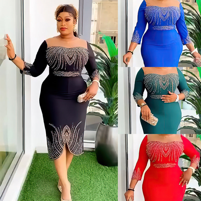 Women's African Fashion Wear Half Sleeve Beaded Hot Drilling Party Dresses