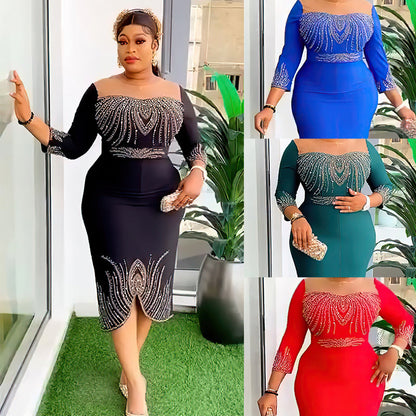 Women's African Fashion Wear Half Sleeve Beaded Hot Drilling Party Dresses