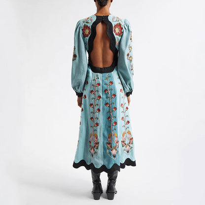 Printed Hollow Backless Dress Long Lantern Dresses