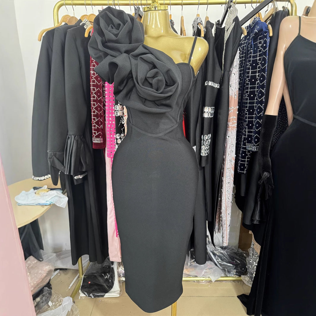 Red Flower Backless Slim Mid-length Bandage Dresses