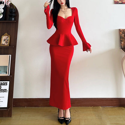 Women's Pure Color Ruffles Waist Decoration Long Dresses