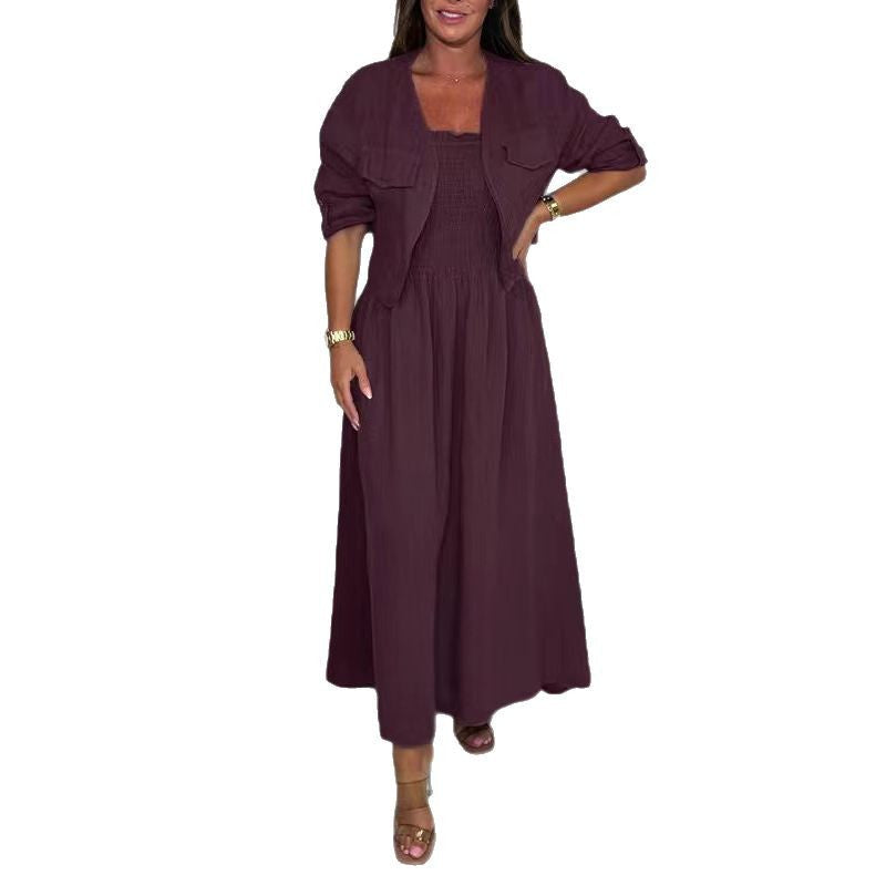 Women's Casual Long Dress Suspender Set Cardigans