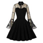 Women's Black Sleeve Mesh Embroidered Bell Patchwork Dresses