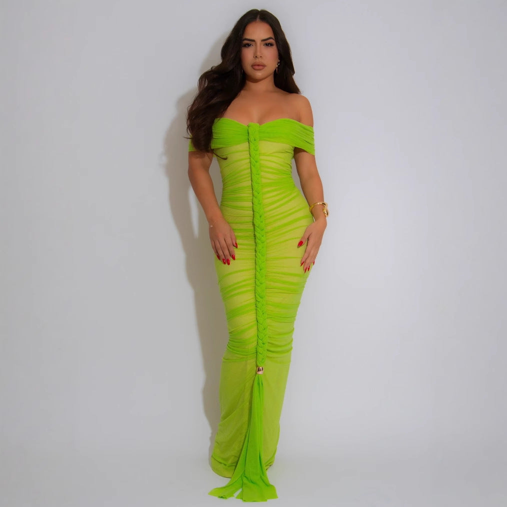 Women's Fashion Sexy Pleated Mesh Maxi Dress Dresses