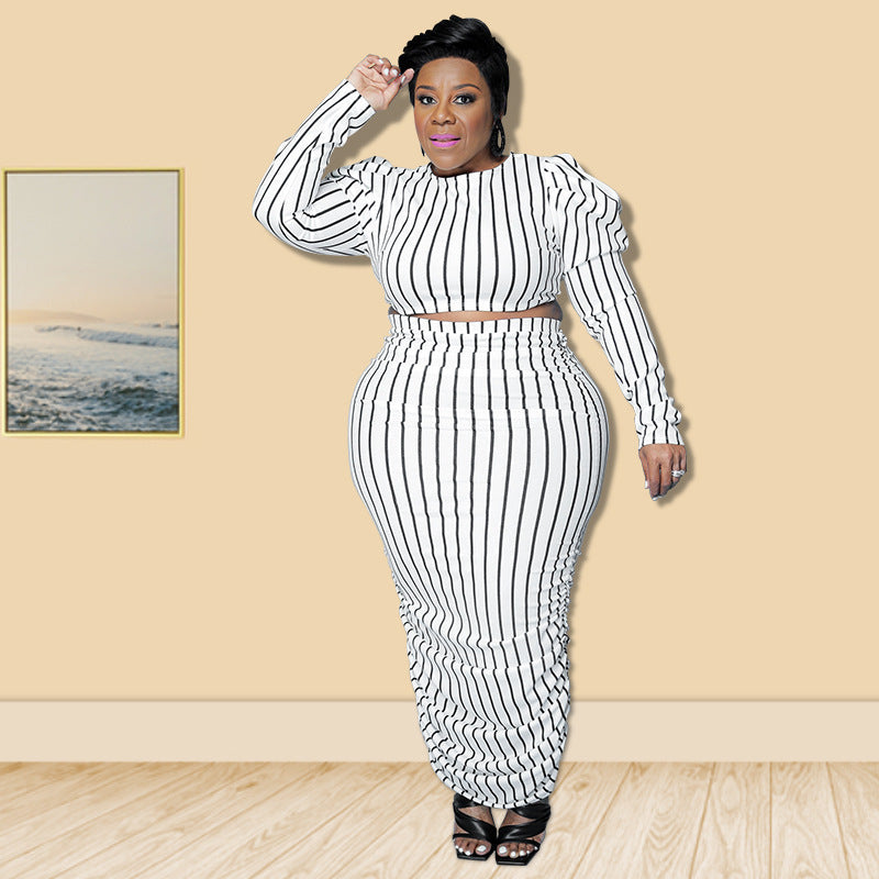 Women's Summer Striped Printed Bubble Long Sleeve Suits