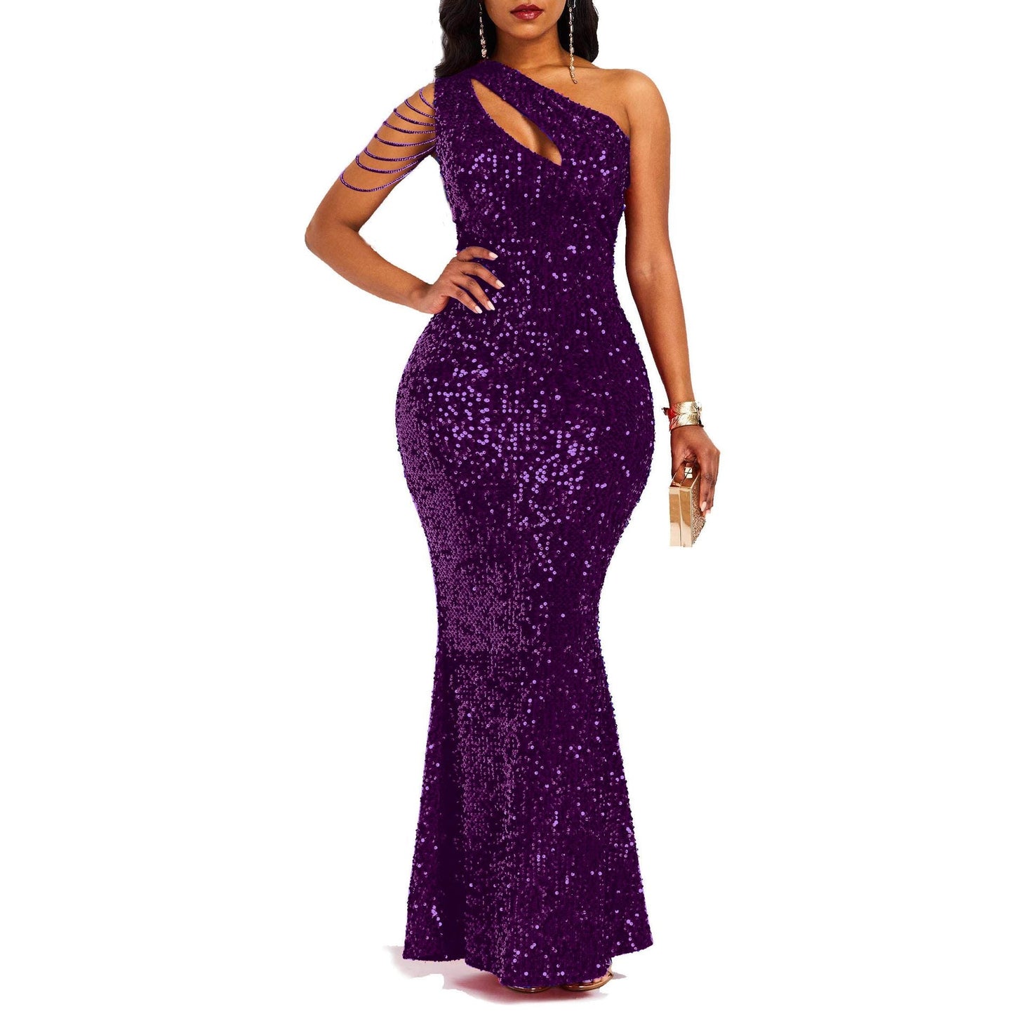 Fashion Sequin One Shoulder Solid Color Backless Fishtail Dresses