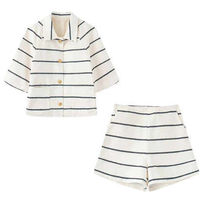 Women's Summer Fashion Striped Classic Style Short-sleeved Suits