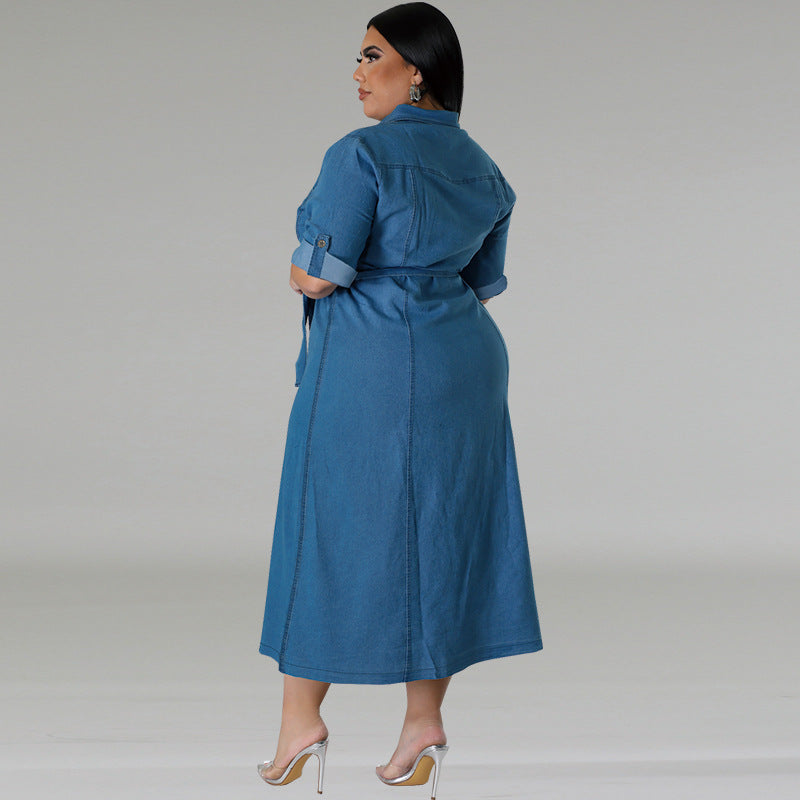 Women's Denim Lapel Long Sleeve Tied Mid-length Dresses