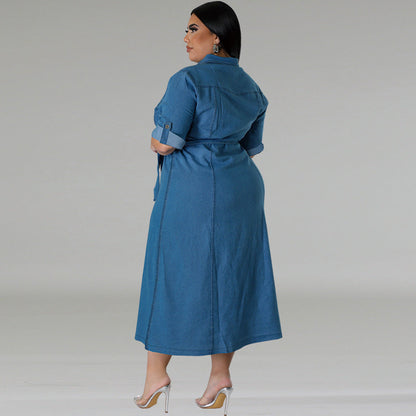 Women's Denim Lapel Long Sleeve Tied Mid-length Dresses