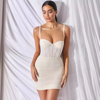 Women's Pleated Summer Backless Fashion Suspenders Mesh Dresses