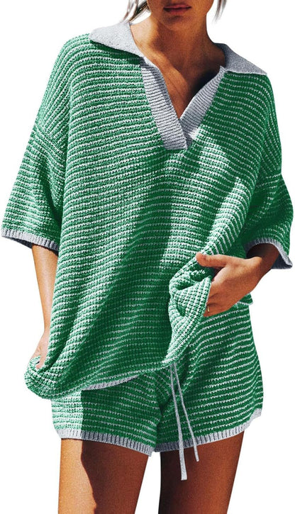Women's Home Wear Two-piece Large Collar Striped Knitted High Suits