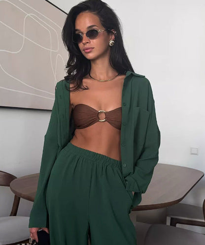 Women's Solid Color Pocket Casual Trousers Cardigans