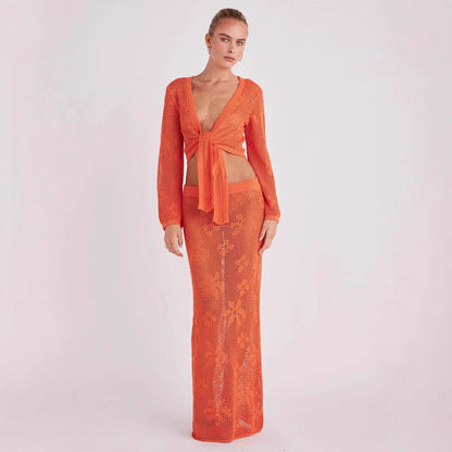 Out Long Sleeve Knitted Two-piece Beach Suits