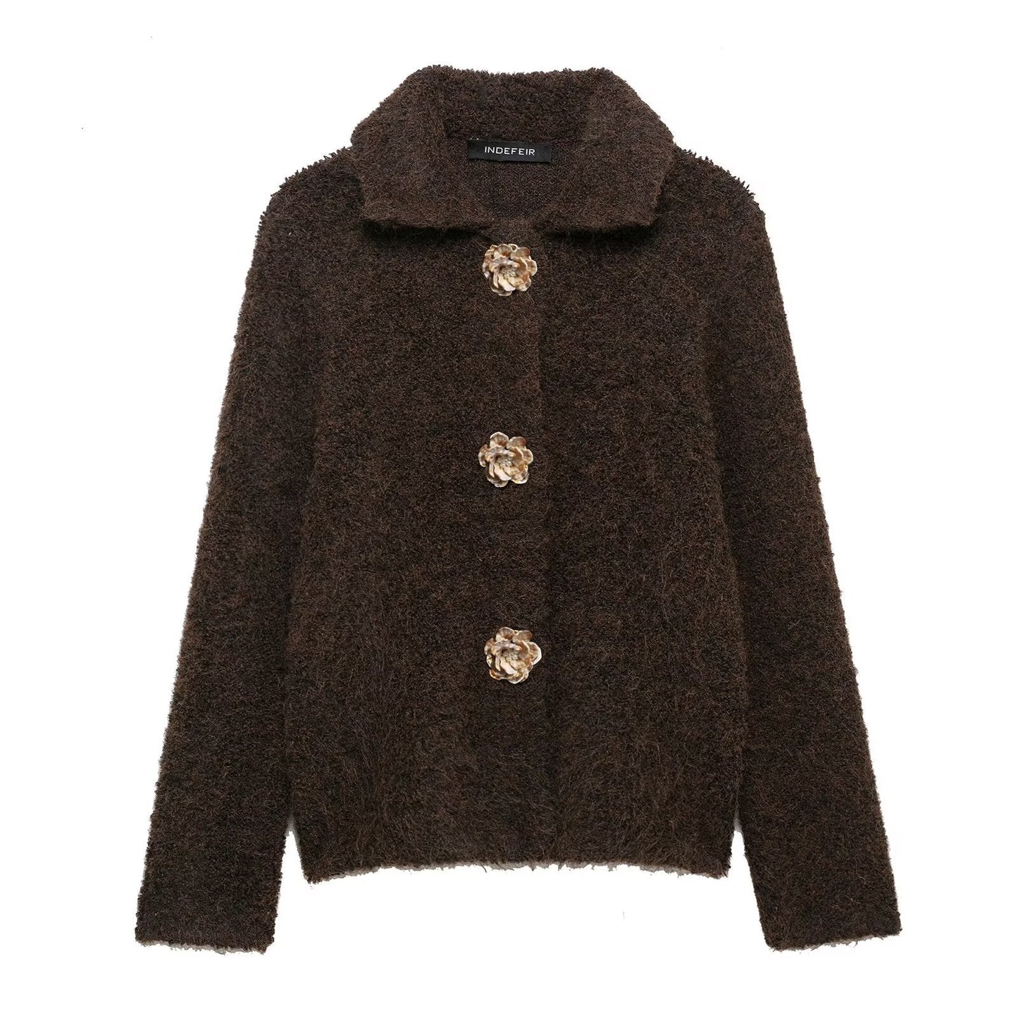 Women's Flower Breasted Artificial Fur Effect Knitted Coats