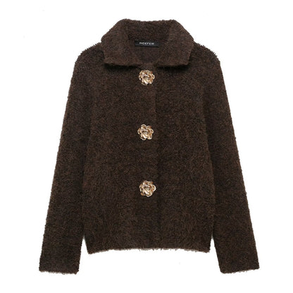 Women's Flower Breasted Artificial Fur Effect Knitted Coats