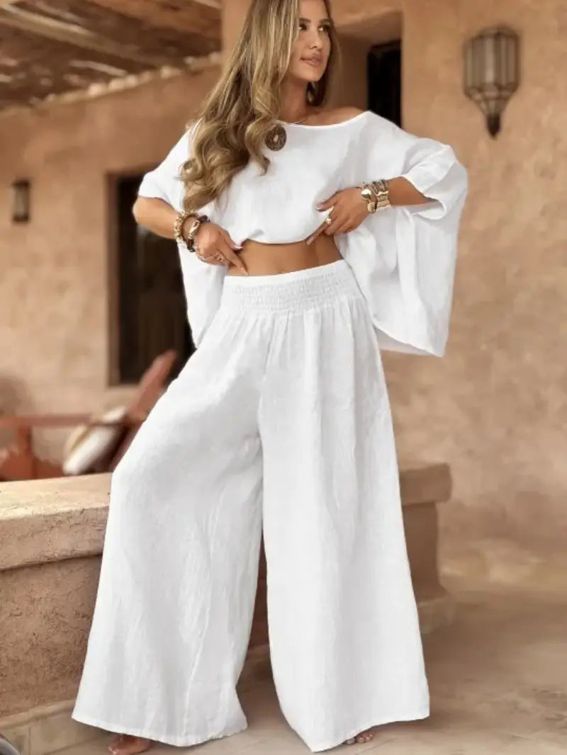 Women's Solid Color Elegant Two-piece Round Neck Wide Suits
