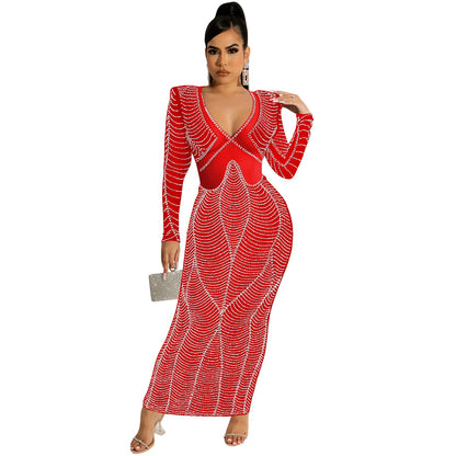 Women's Sexy Nightclub Rhinestone Mesh Long Sleeve Dresses