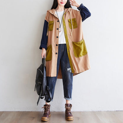 Personality Mid-length Hooded Loose Large Contrast Coats